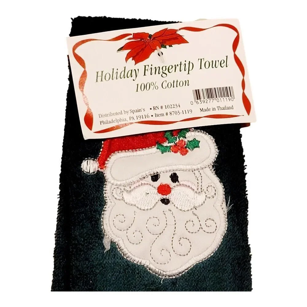 Vintage CHRISTMAS Green Guest Small‎ Hand Towel Holiday Embroidered Santa NWT